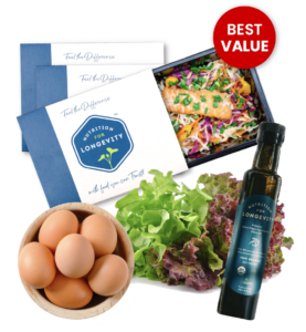 The best value, Nutrition for Longevity meals with eggs, veggies, and olive oil.